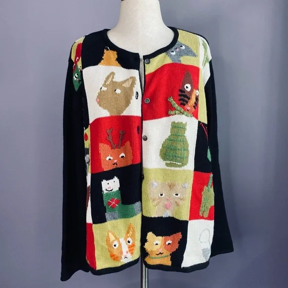 Vintage Susan Bristol Black Color Block Cat Sweater Cardigan Hand Embroidered XL - Picture 6 of 7